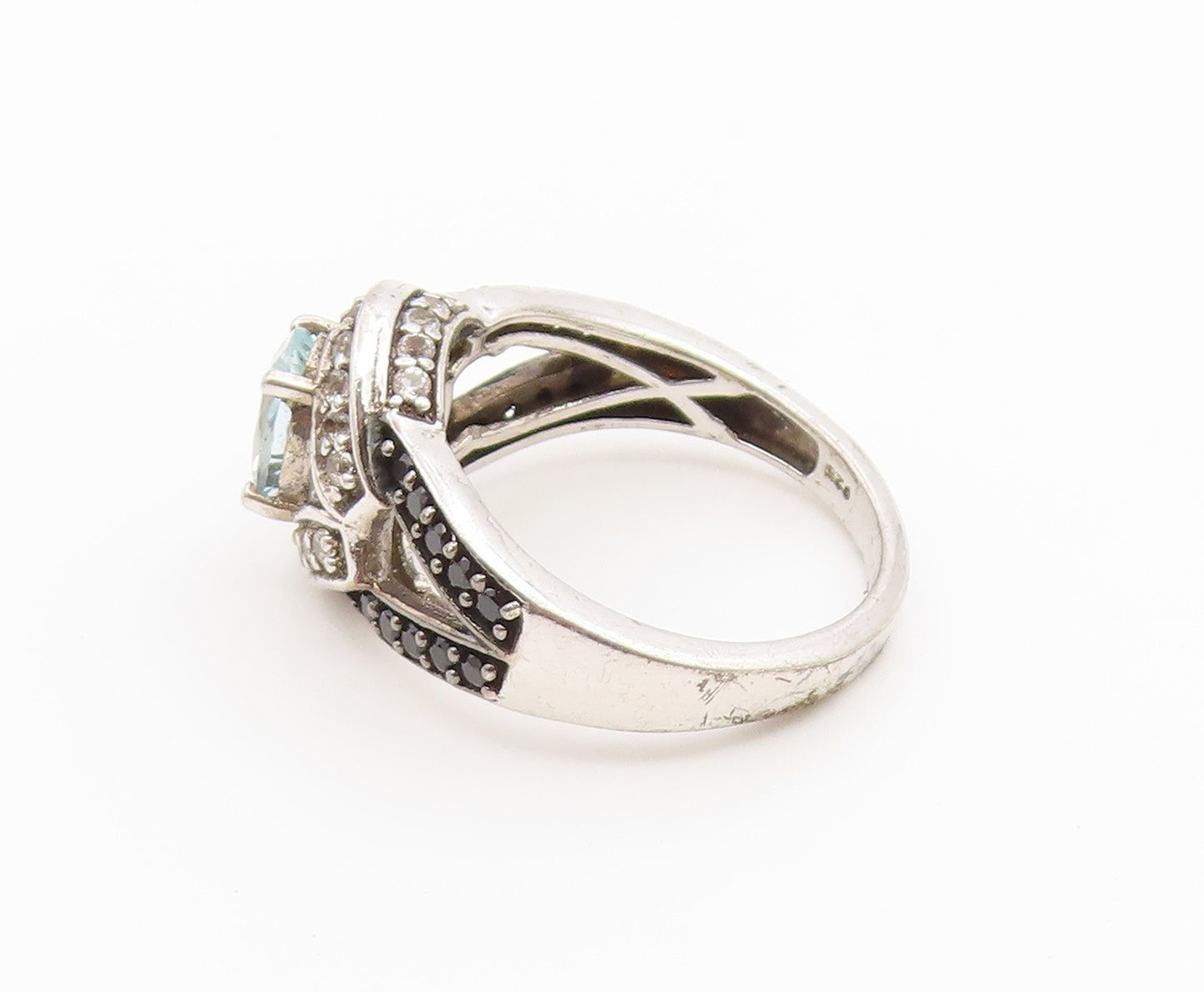 925 Sterling Silver Vintage Ring Aquamarine & Black Spinel Band  Sz 9  RG36869