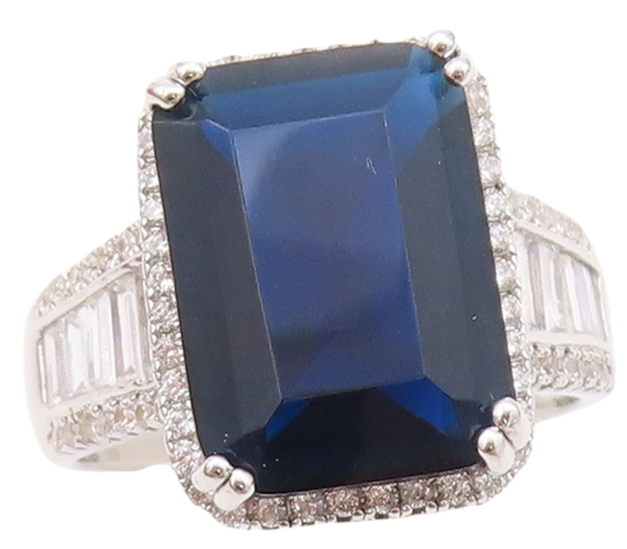 925 Sterling Silver Vintage Ring Rectangle Sapphire & CZ Inlay  Sz 7.5  RG30374