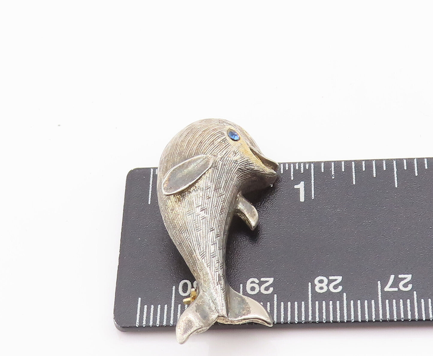925 Sterling Silver Vintage Brooch Pin CREED Carved Blue Topaz Dolphin  BP10671