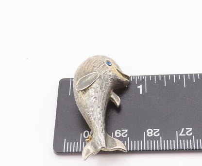 925 Sterling Silver Vintage Brooch Pin CREED Carved Blue Topaz Dolphin  BP10671