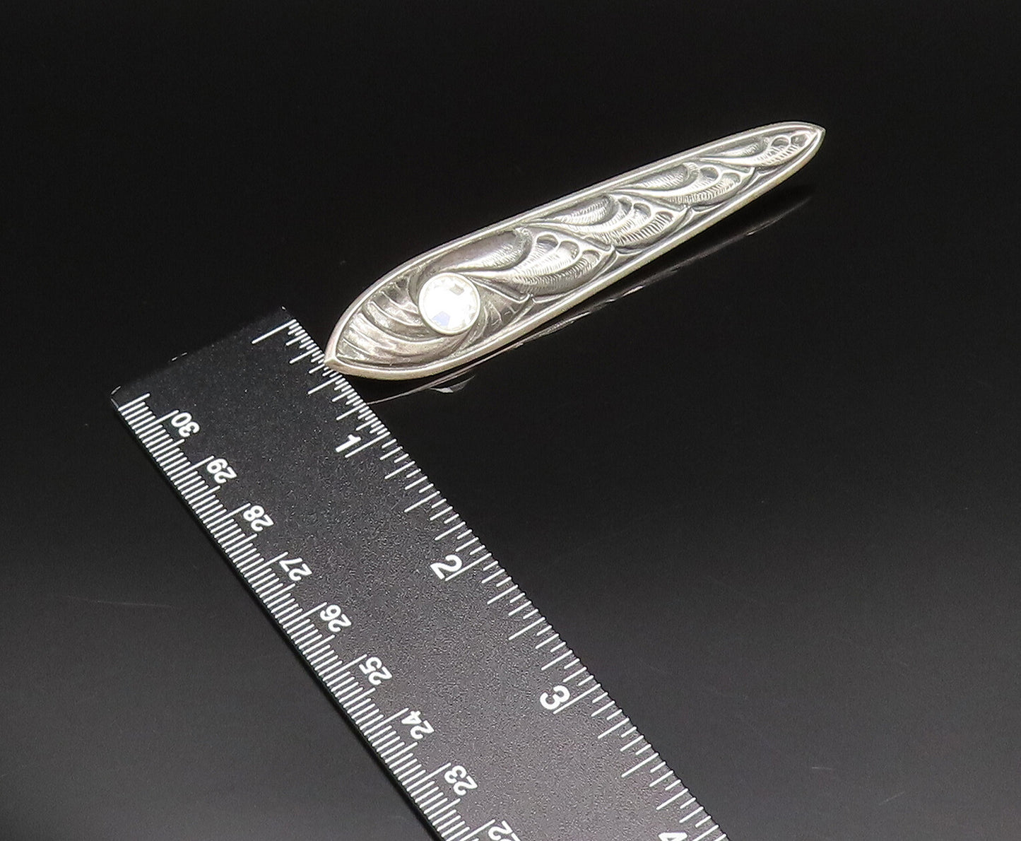 925 Silver  Vintage Inlaid Rhinestone Carved Swirls Linear Brooch Pin  BP9721
