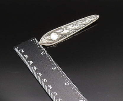 925 Silver  Vintage Inlaid Rhinestone Carved Swirls Linear Brooch Pin  BP9721