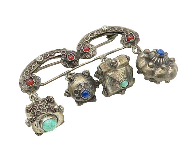 925 Silver  Vintage Antique Turquoise & Lapis Lazuli Floral Brooch Pin  BP6875