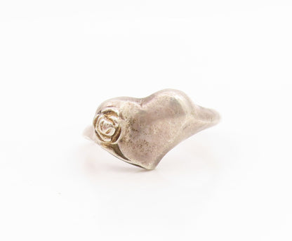 925 Sterling Silver Vintage Ring Carved Rose Floral Love Heart  Sz 8  RG34901
