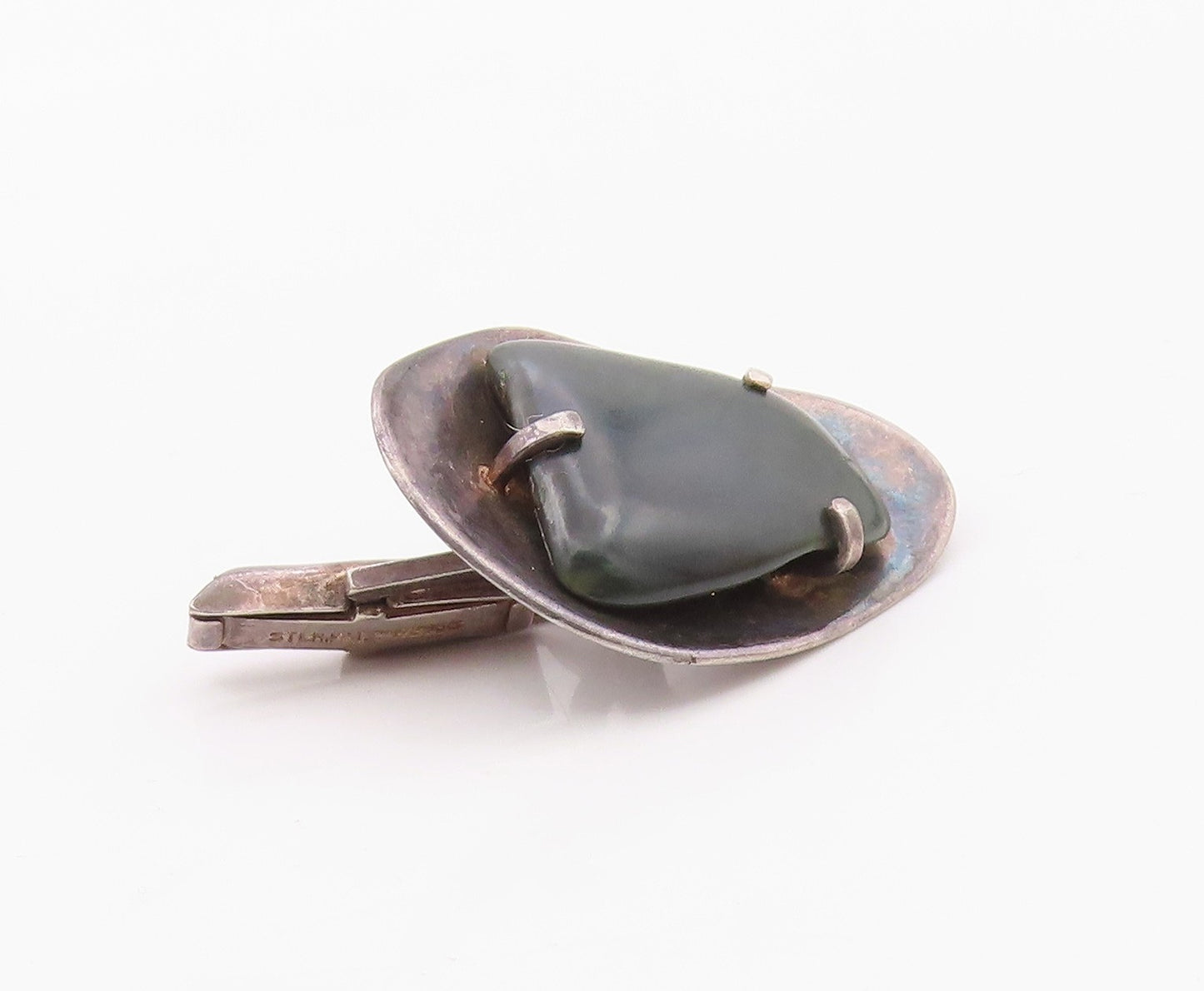 925 Sterling Silver  Vintage Prong Set Jasper Dark Tone Cuff Links  TR1732