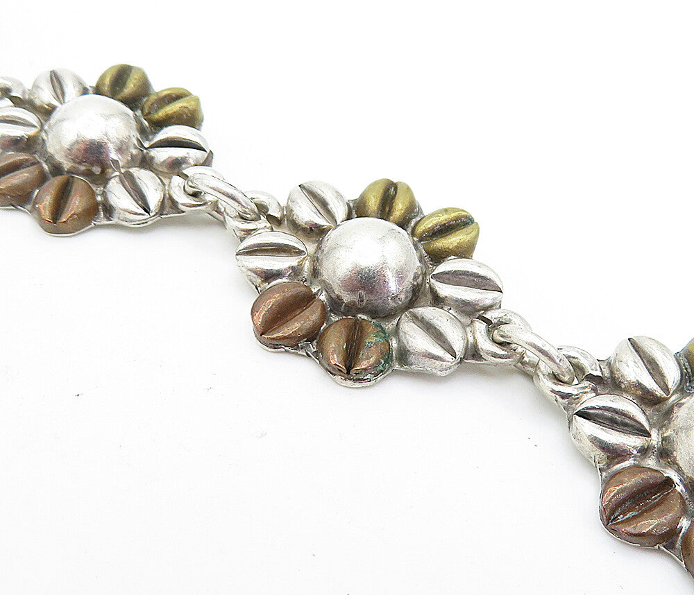 MEXICO 925 Sterling Silver  Vintage 2 Tone Flower Link Chain Bracelet  BT1895