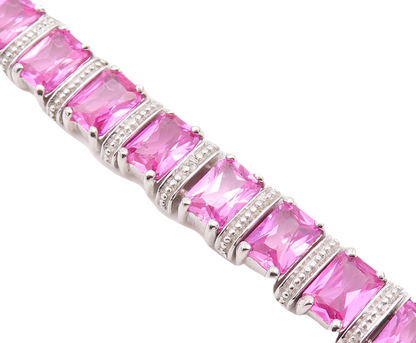 925 Sterling Silver Vintage Bracelet Rectangle Pink & White CZ Inlay  BT10866