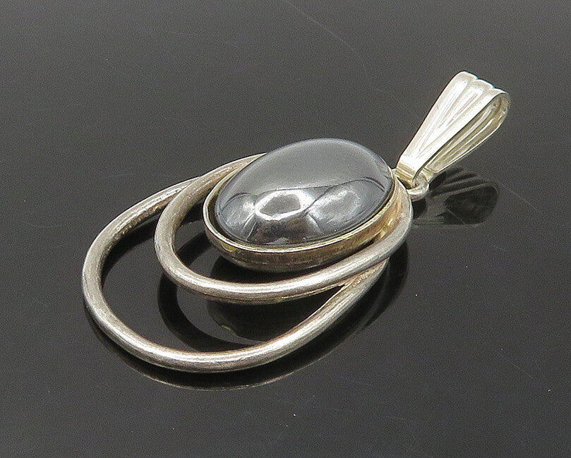 925 Sterling Silver  Vintage Cabochon Cut Hematite Shiny Pendant  PT13901