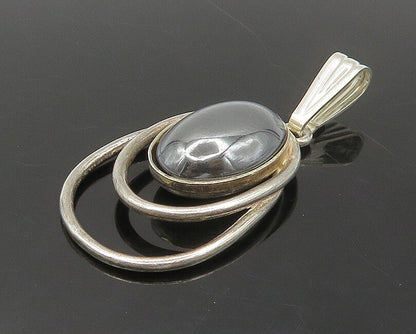 925 Sterling Silver  Vintage Cabochon Cut Hematite Shiny Pendant  PT13901