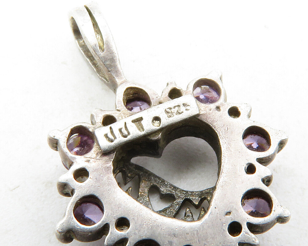 925 Sterling Silver  Vintage Amethyst & Topaz Mom Love Heart Pendant  PT10051