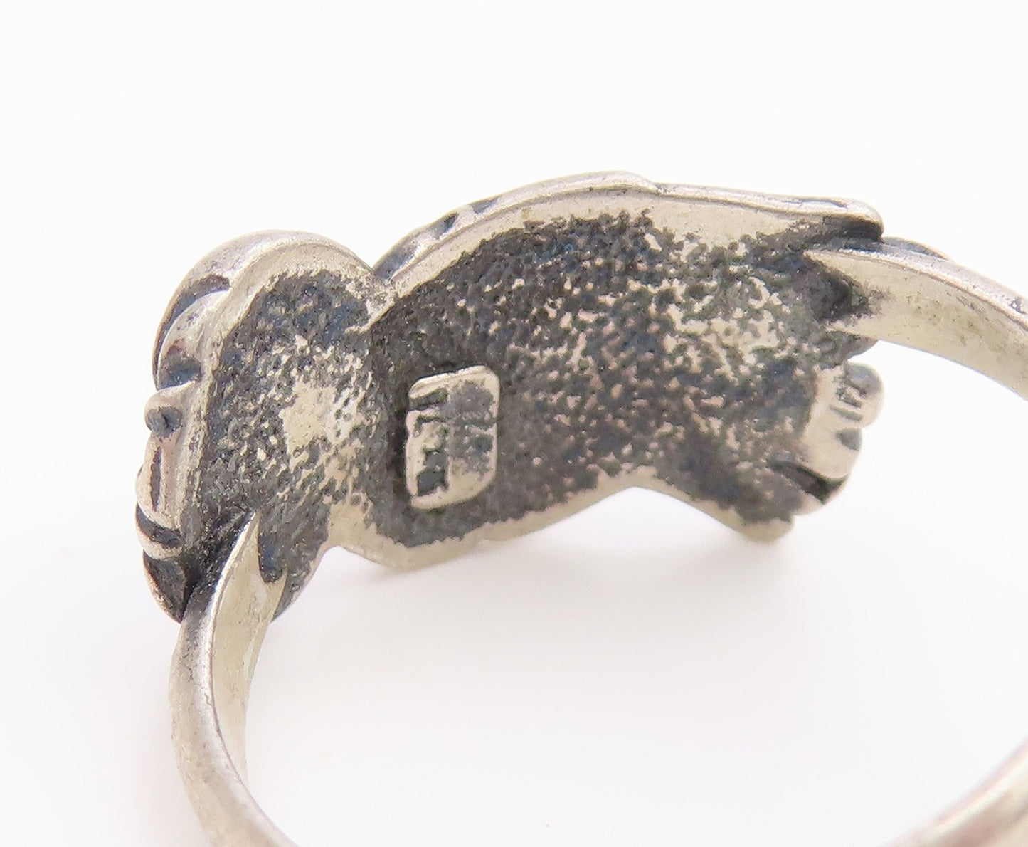 925 Sterling Silver Vintage Ring Blue Eyed Wise Owl Motif Band  Sz 7.5  RG36111