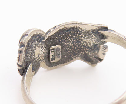 925 Sterling Silver Vintage Ring Blue Eyed Wise Owl Motif Band  Sz 7.5  RG36111