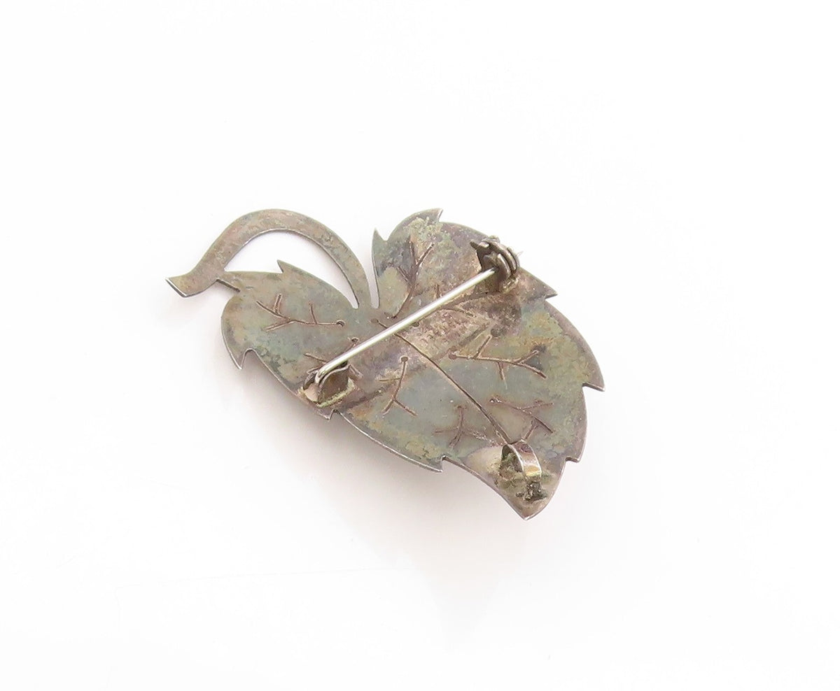 925 Sterling Silver Vintage Brooch ISRAEL Turquoise Etched Grape Leaf  BP11859