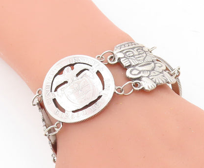 925 Sterling Silver  Vintage Antique Colombian Coin Link Chain Bracelet BT2964