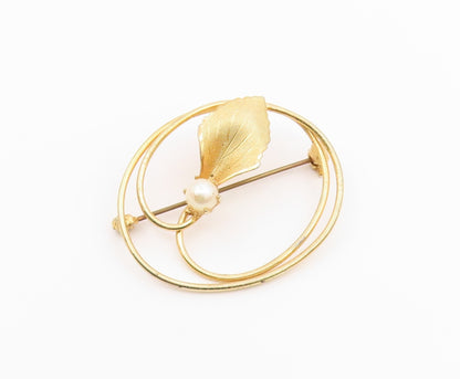 925 Silver  Vintage Single Freshwater Pearl & Leaf Swirl Brooch Pin  BP10006