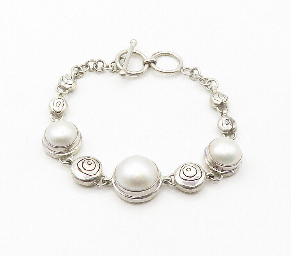 925 Sterling Silver  Vintage Pearl Domes Etched Link Chain Bracelet  BT5970