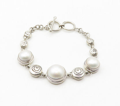 925 Sterling Silver  Vintage Pearl Domes Etched Link Chain Bracelet  BT5970