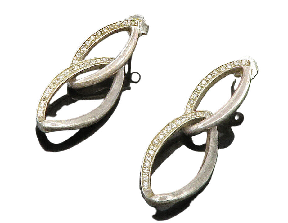 925 Sterling Silver  Vintage White Topaz Pointed Oval Dangle Earrings  EG7097