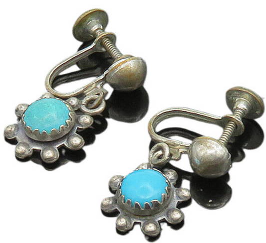 SOUTHWESTERN 925 Silver Vintage Turquoise Non Pierce Drop Earrings EG9868