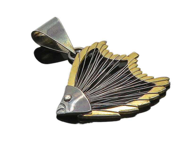 925 Sterling Silver  Vintage Shiny Two Tone Fish Motif Pendant  PT13745