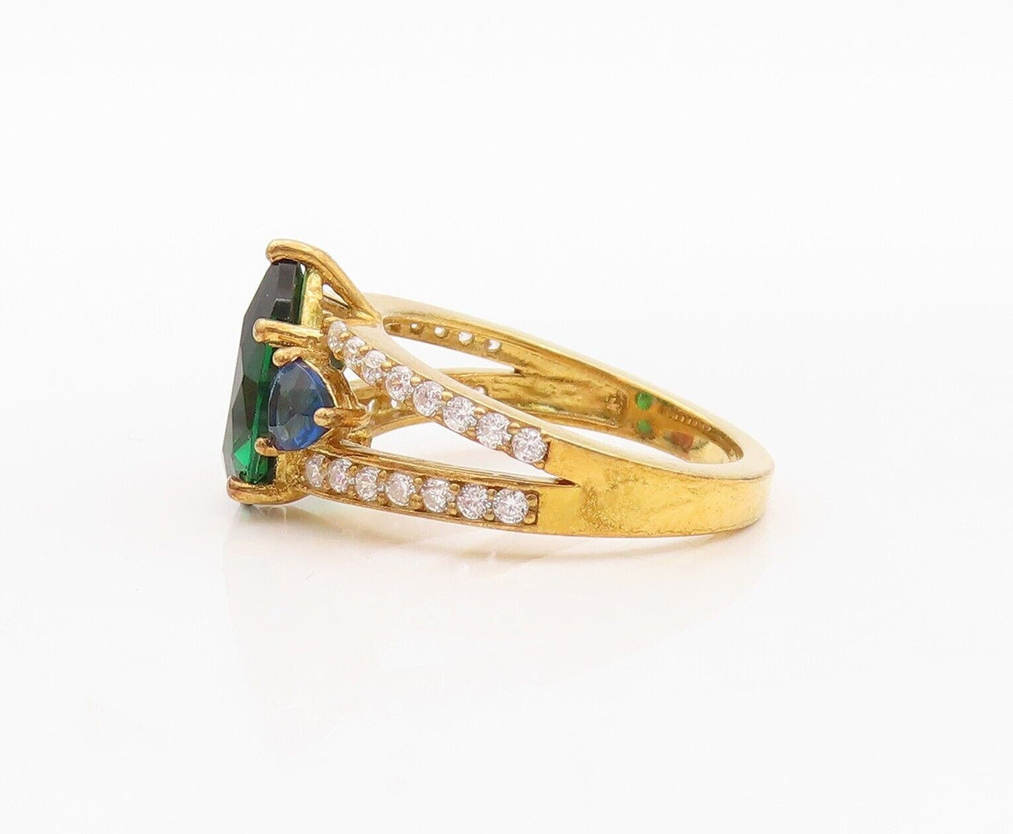 925 Sterling Silver Vintage Ring Gold Plated Green CZ & Sapphire  Sz 7  RG30069