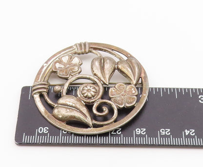 LANG 925 Silver  Vintage Dark Tone Floral Swirl Vine Round Brooch Pin  BP5505