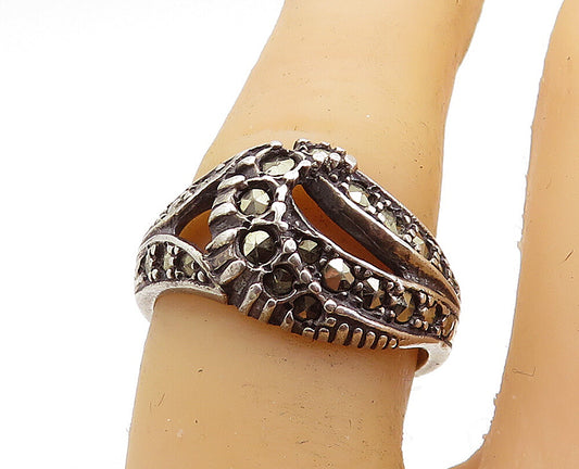 925 Sterling Silver  Vintage Marcasite Decorated Open Band Ring Sz 7  RG6501