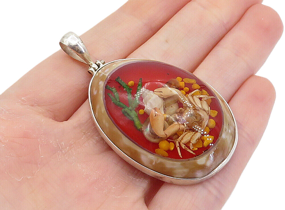 925 Sterling Silver  Abalone Sea Shell Crab Glass Art Tear Drop Pendant PT6125