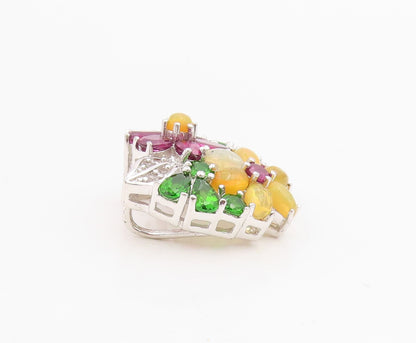 925 Sterling Silver Vintage Pendant Elegant Multi Gemstone Floral Charm  PT25856