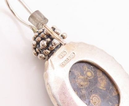 925 Sterling Silver Vintage Earrings Beaded Top Oval Fossil Agate  EG13113