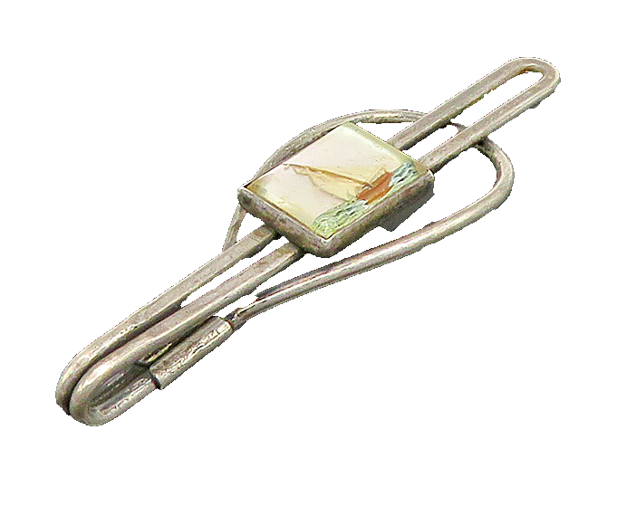 925 Sterling Silver  Vintage Mother Of Pearl Dark Tone Tie Clip  TR3182