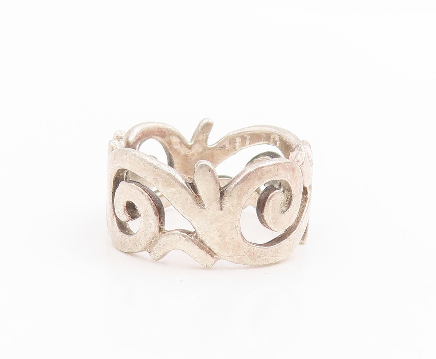 925 Sterling Silver Vintage Ring Openwork Swirly Scroll Wide Band  Sz 5  RG34697