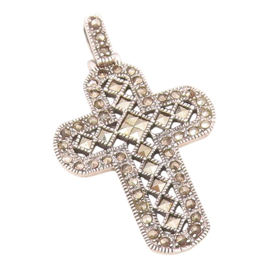 925 Sterling Silver  Vintage Shiny Marcasite Religious Cross Pendant  PT19694