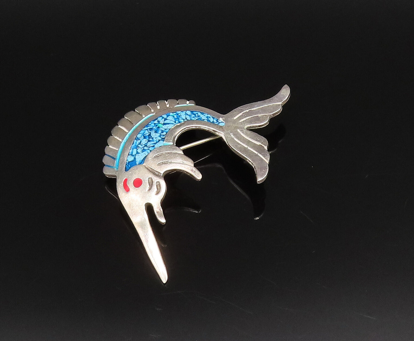 EVC MEXICO 925 Silver  Vintage Enamel & Turquoise Swordfish Brooch Pin  BP9990