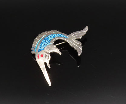 EVC MEXICO 925 Silver  Vintage Enamel & Turquoise Swordfish Brooch Pin  BP9990