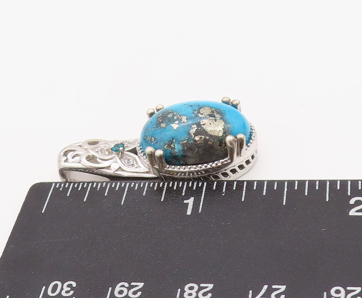 925 Sterling Silver Vintage Pendant Carved Diamonds & Oval Turquoise  PT23506