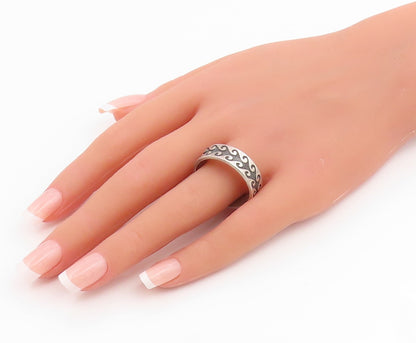 925 Sterling Silver Vintage Ring Classic Carved Ocean Wave Band  Sz 14  RG35503