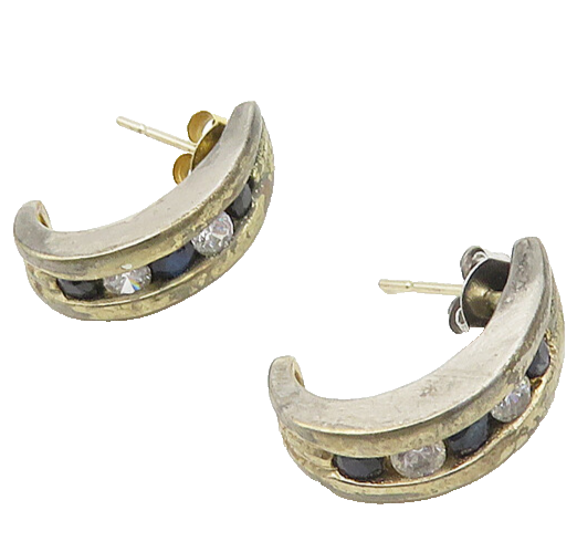 925 Silver & 10K GOLD  Vintage Cubic Zirconia & Sapphire Drop Earrings  EG9344