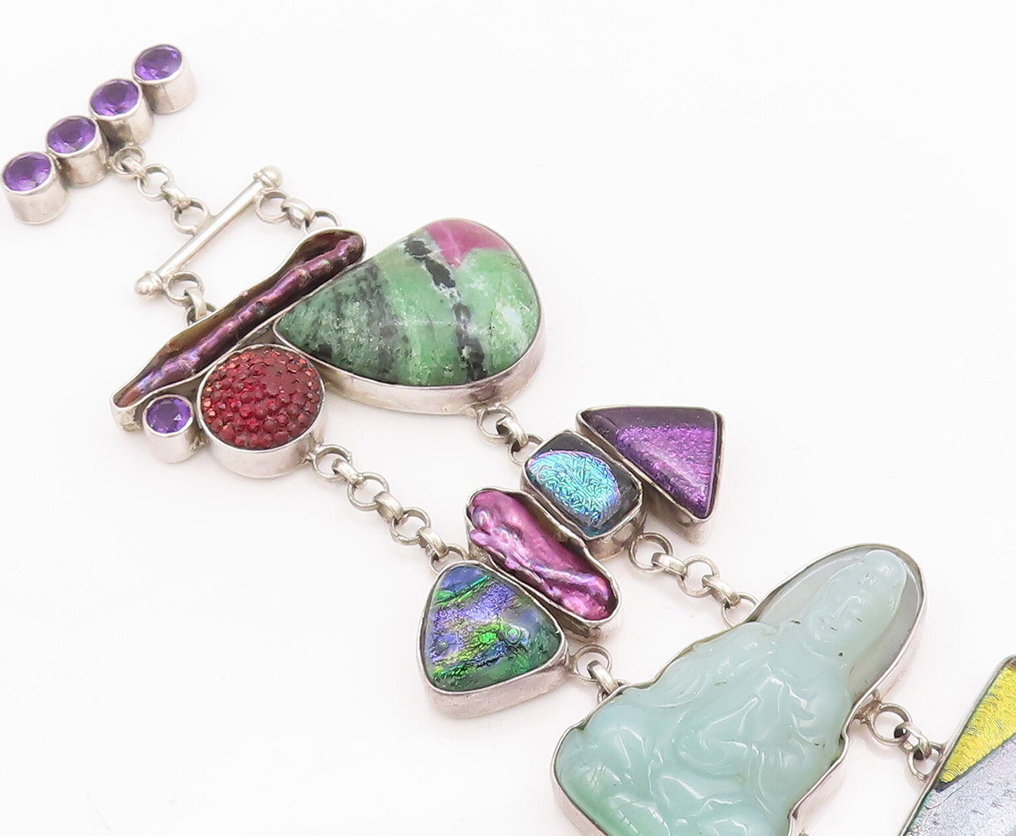 925 Sterling Silver Vintage Bracelet Heavy Designer Multi Stone Buddha  BT10357