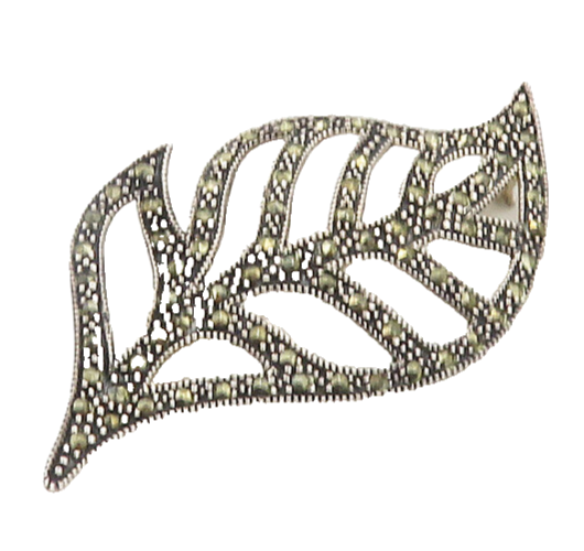 925 Sterling Silver  Vintage Shiny Marcasite Floral Leaf Brooch Pin  BP7615