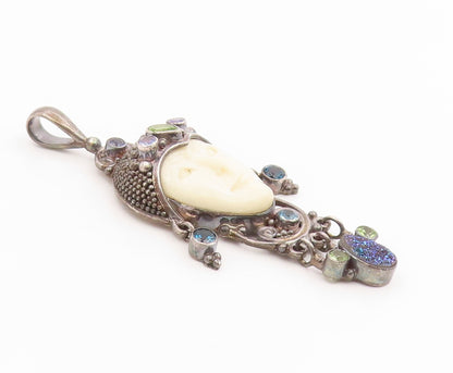 925 Sterling Silver Vintage Pendant SAJEN Multi Gemstone Bali Goddess  PT26098