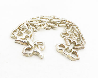 925 Sterling Silver  Vintage Shiny Hammered Flower Chain Bracelet  BT4656