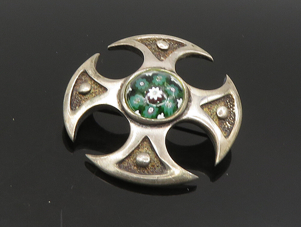 ENGLAND 925 Silver  Vintage Floral Millefiori Murano Glass Brooch Pin  BP9233