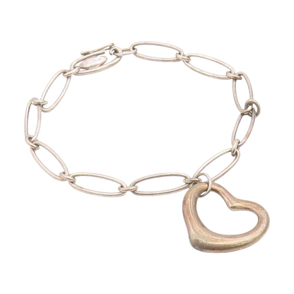TIFFANY 925 Silver  Vintage Smooth Open Love Heart Chain Bracelet  BT7215
