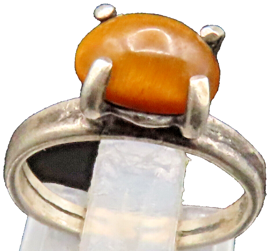 925 Sterling Silver  Vintage Prong Set Tiger's Eye Ring Sz 4.5  RG25204