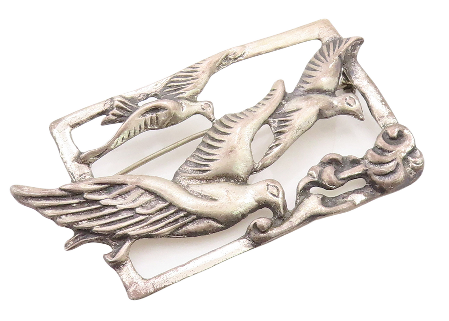 925 Sterling Silver Vintage Brooch Pin Antique Framed Cut Flying Birds BP11292