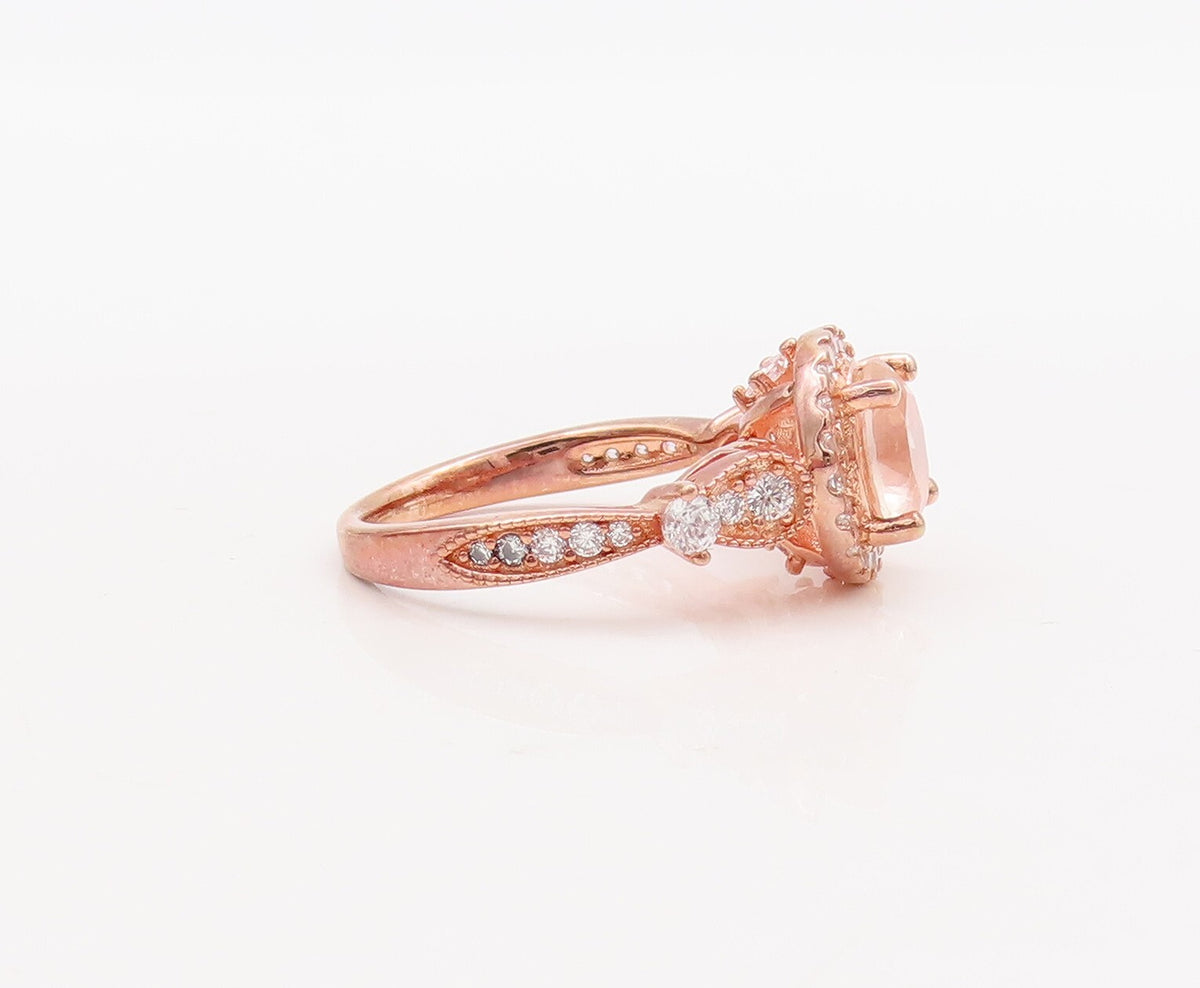 925 Sterling Silver Vintage Ring Rose Gold Plated Morganite & CZ  Sz 7  RG29831