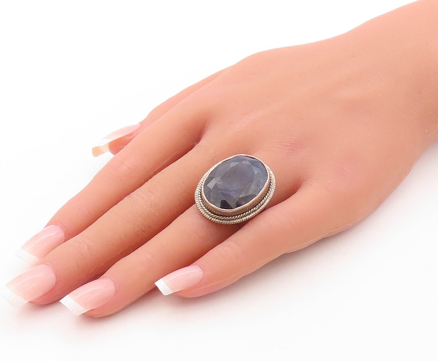 925 Sterling Silver Vintage Ring Rose Solid Large Oval Cut Onyx  Sz 6.5  RG30811