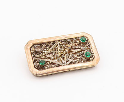 925 Sterling Silver Vintage Brooch Pin Gold Plated Emerald Scrollwork  BP12577