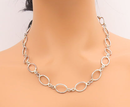 925 Sterling Silver Vintage Necklace Modernist Hollow Oval Link Chain  NE4746